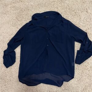 Navy Blue Sheer Button-Up Blouse